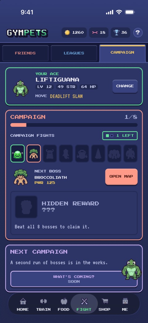 The campaign in the app: your ace, one boss of eight beaten, the next boss and a hidden reward.