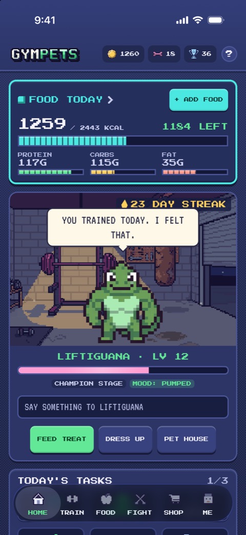 The GymPets home screen: today's food, Liftiguana at level 12 on a 23-day streak saying YOU TRAINED TODAY. I FELT THAT., and a bar to talk to it.