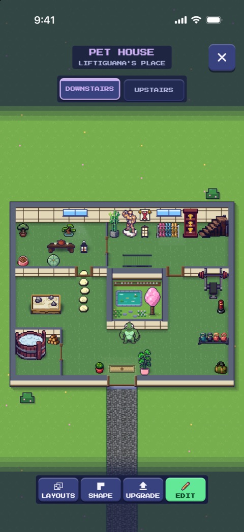 Liftiguana's pet house: a ZEN DOJO with a tea room, a koi pond and a cherry tree in the atrium, a bathhouse and a home gym.