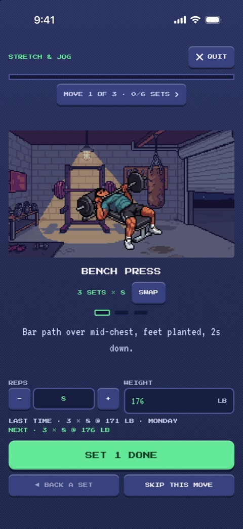 A guided workout: a pixel coach does the bench press in a gym, with last time's weight and the next one to beat.