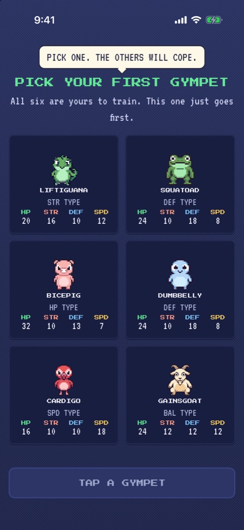 GymPets on an iPhone: pick your starter pet.