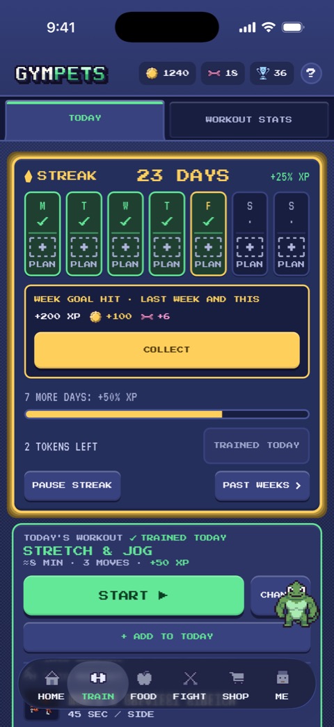 TRAIN: a 23-day streak and the week's goal, hit and ready to collect.
