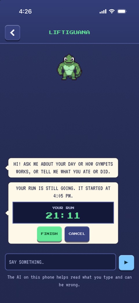 Mid-run, the pet says the run is still going: the clock at 21 minutes, with FINISH and CANCEL.