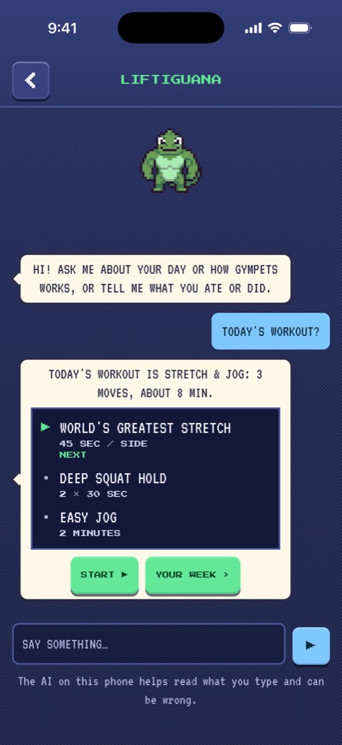 Asked TODAY'S WORKOUT?, the pet lists today's three moves with a START button.